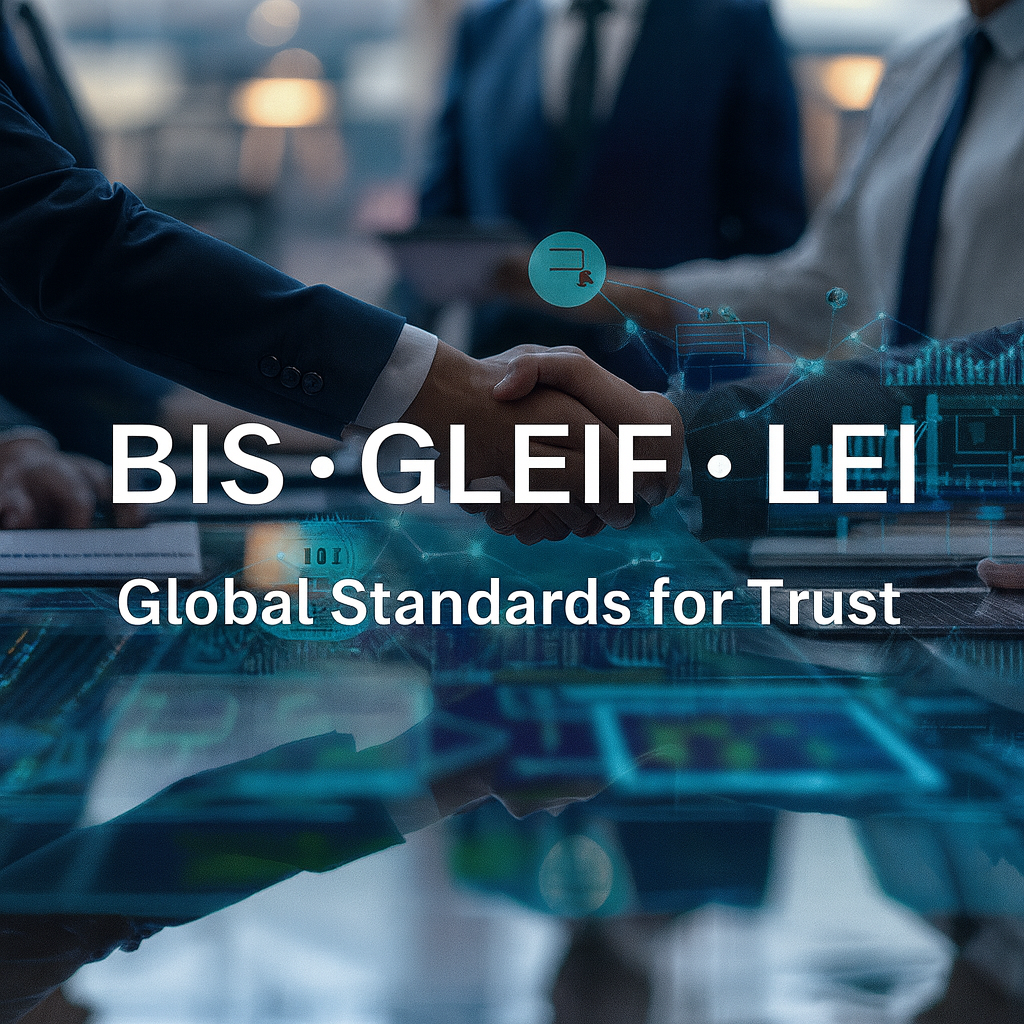 Handshake with digital network overlay and text BIS • GLEIF • LEI – Global Standards for Trust.