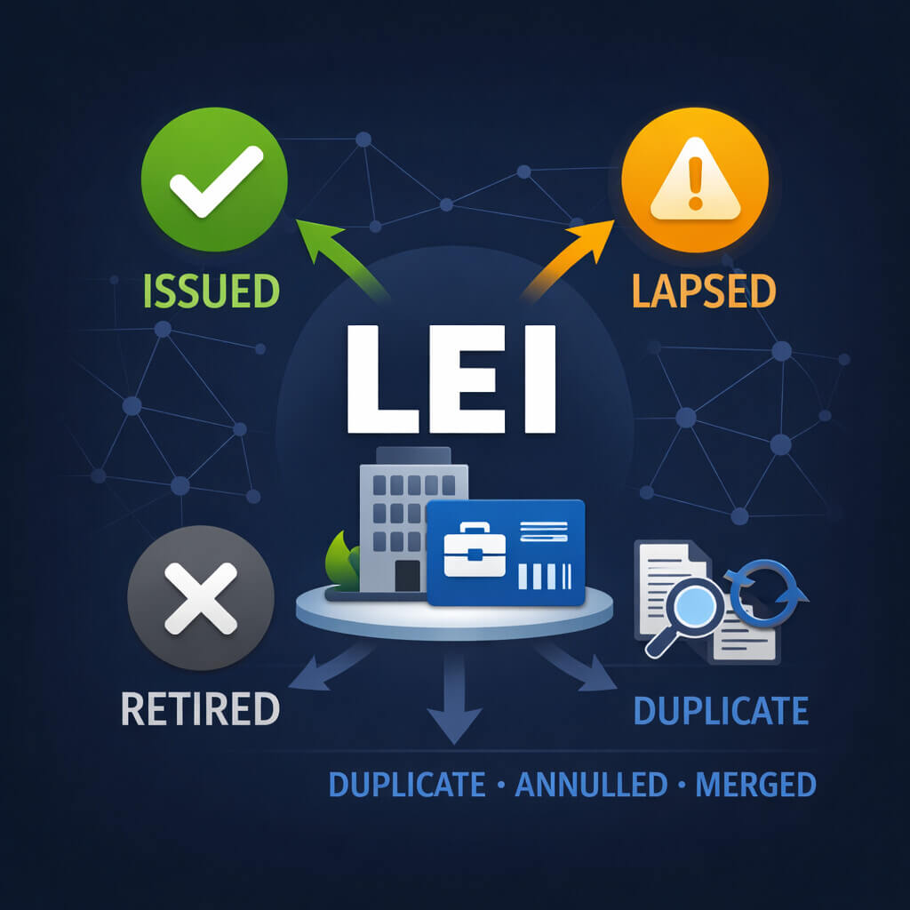 Artikkel som forklarer hvorfor LEI-status er viktig, inkludert utstedt, utløpt, trukket tilbake og unntaksstatuser i LEI-systemet