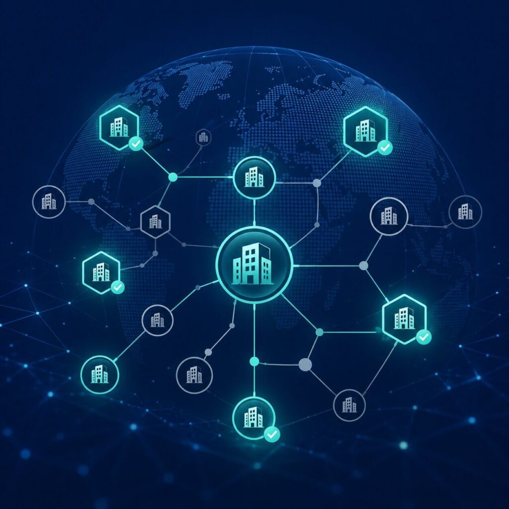 Globalt nettverk av verifiserte og uverifiserte juridiske enheter som illustrerer KYB-prosessen ved bruk av LEI-koder